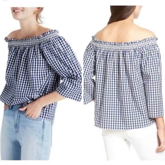 Madewell Smocked Gingham‎ White And Blue Off The Shoulder Top Size Small - Picture 1 of 9